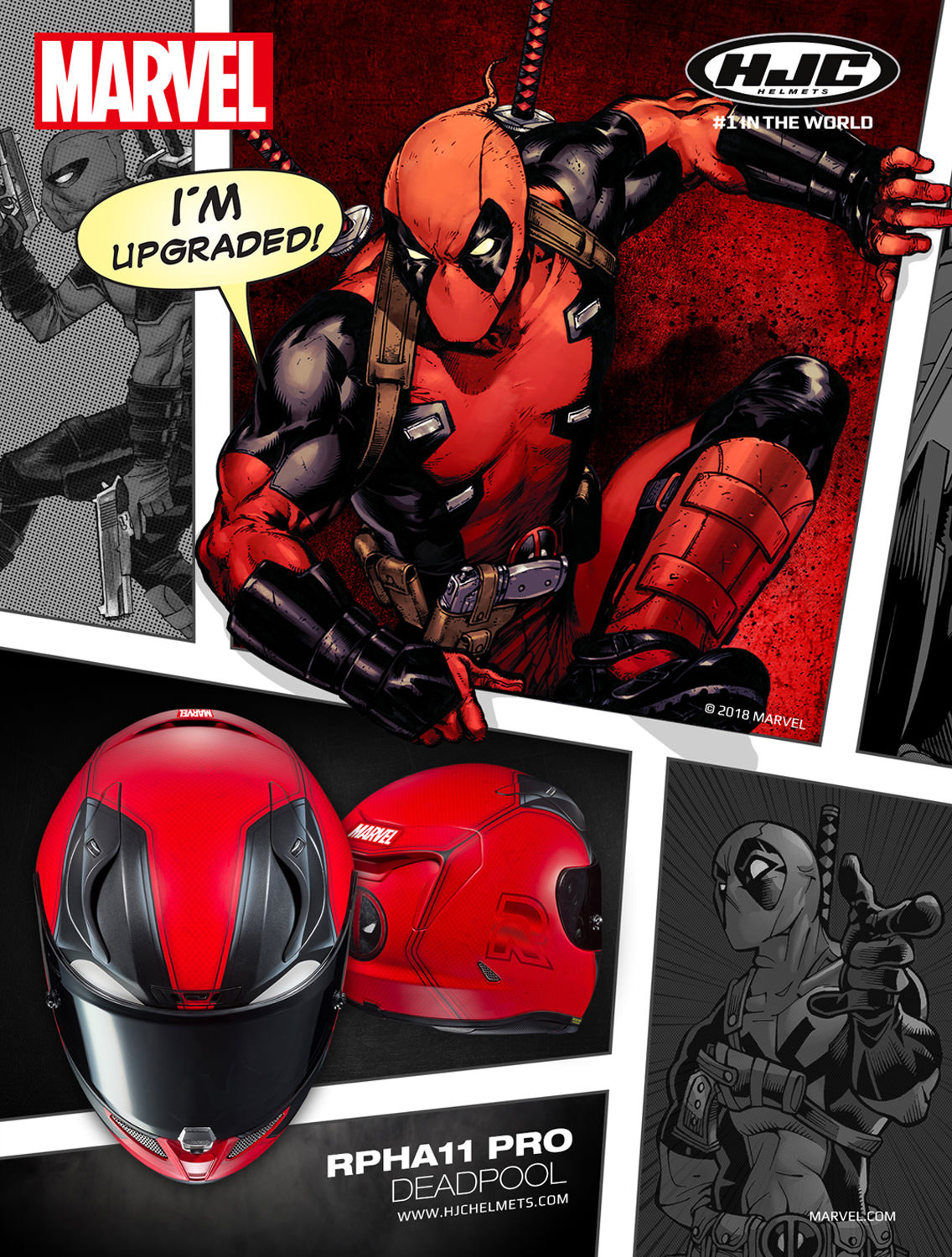 promotional poster from full face helmet HJC RPHA11 Deadpool Marvel
