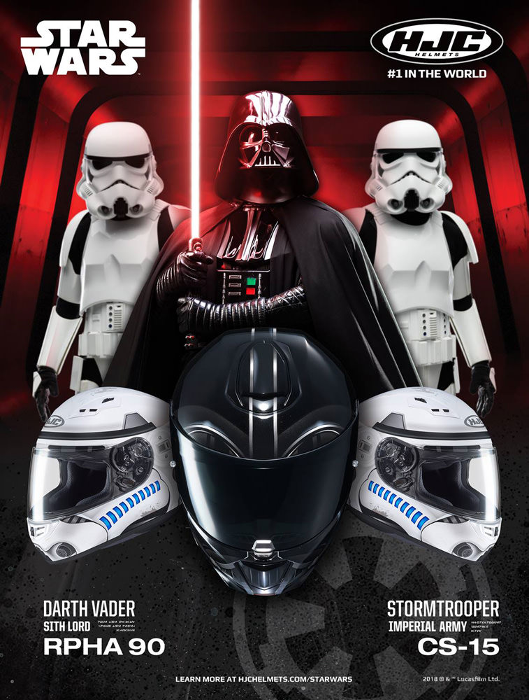 promotional poster from HJC helmet  Star Wars Darth Vader rpha90 and stormtrooper cS-16